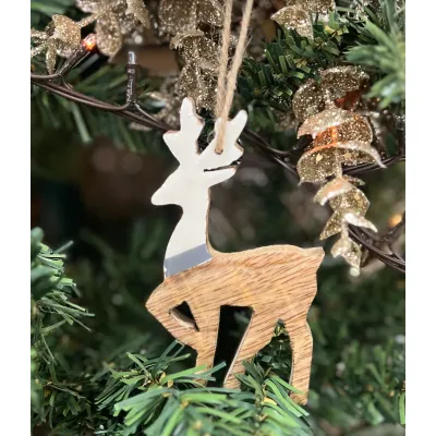 Wooden Deer Ornament With White Enamel Set of 6  4x2.5in