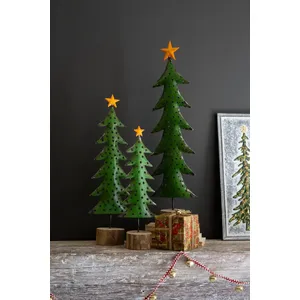Set of 3 Recycled Iron Christmas Trees on Wood Bases 1