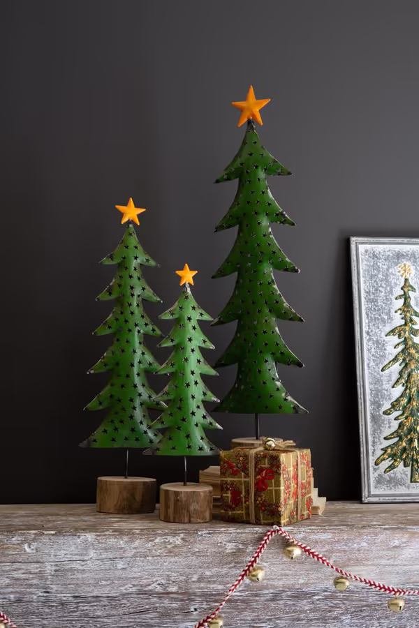 Set of 3 Recycled Iron Christmas Trees on Wood Bases