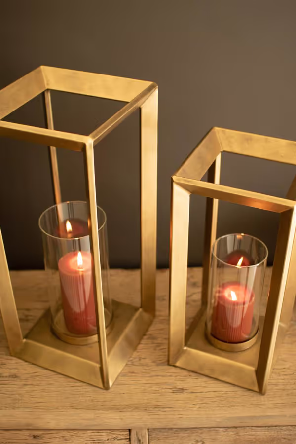 Set of 2 Metal Framed Lanterns with Clear Glass Hurricanes