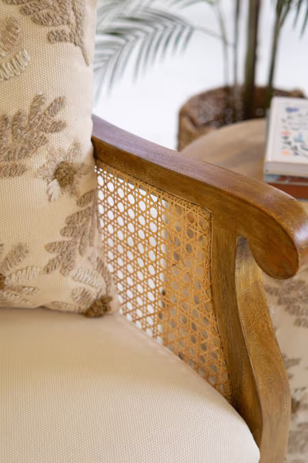 Mango Wood and Cane Arm Chair with Embroidery Back