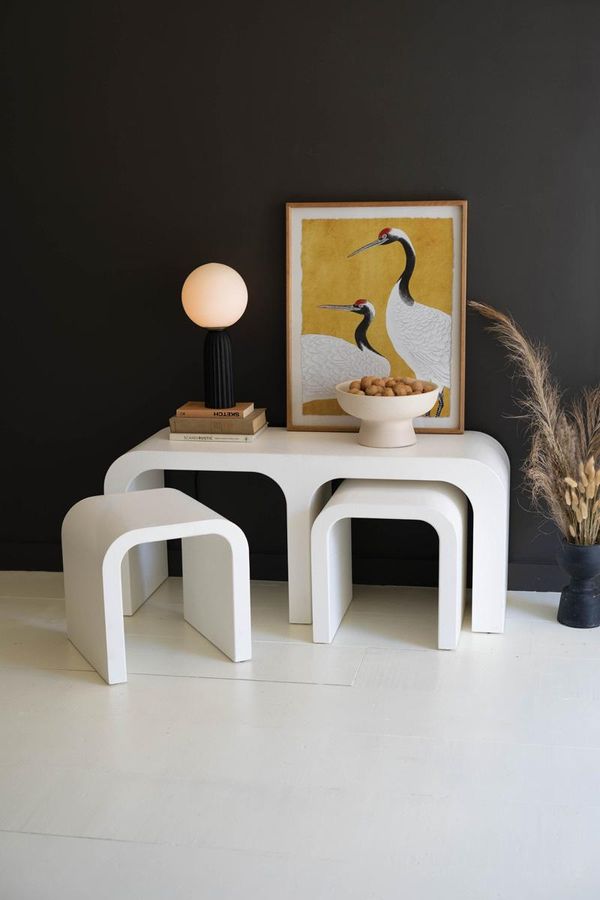 Textured White Wood Rectangle Coffee Table with Nesting Accent Tables