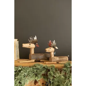 Set of 2 Metal and Wood Sitting Deer 6