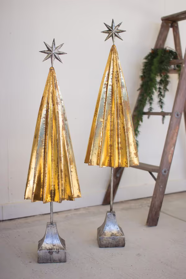Set of 2 Folded Gold Metal Trees with Silver Star