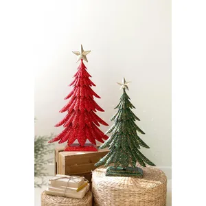 Set of 2 Painted Metal Christmas Trees with Glitter 1