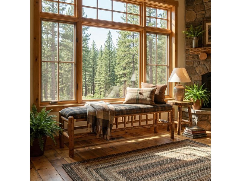 Hickory Log 4-foot Bench - Upholstered Seat - Customer Material 1