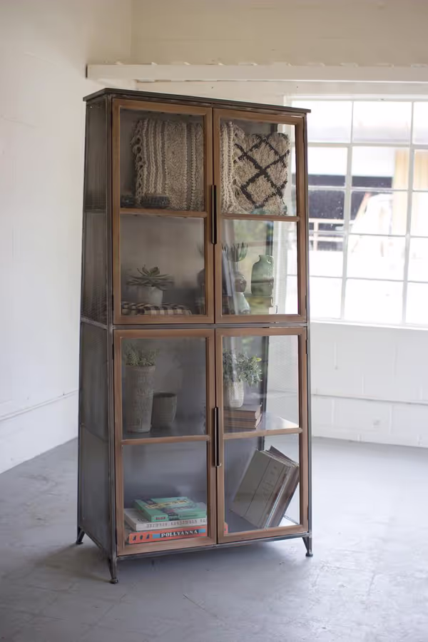 Metal & Wood Slanted Display Cabinet with Glass Doors