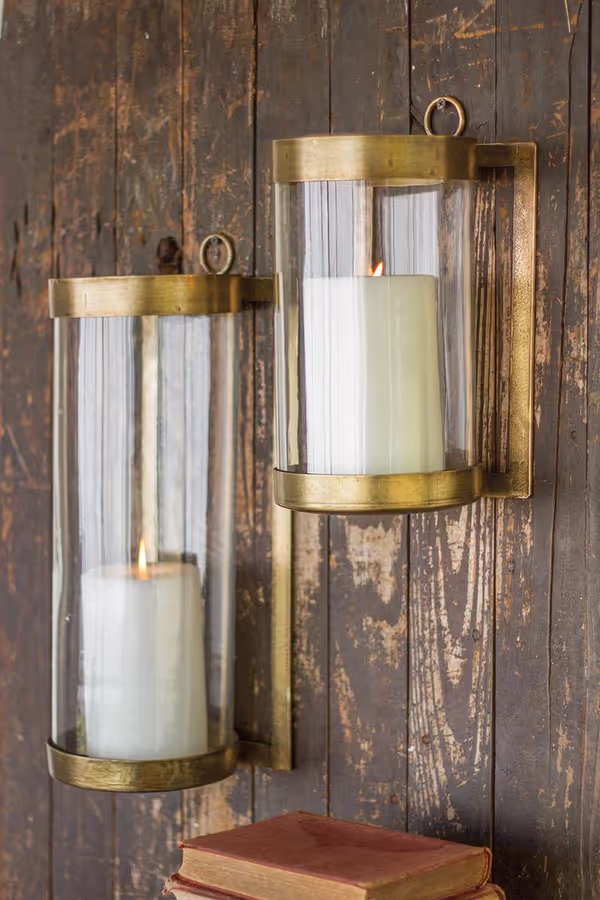 Glass and Antique Brass Finish Wall Mounted Hurricane / Small