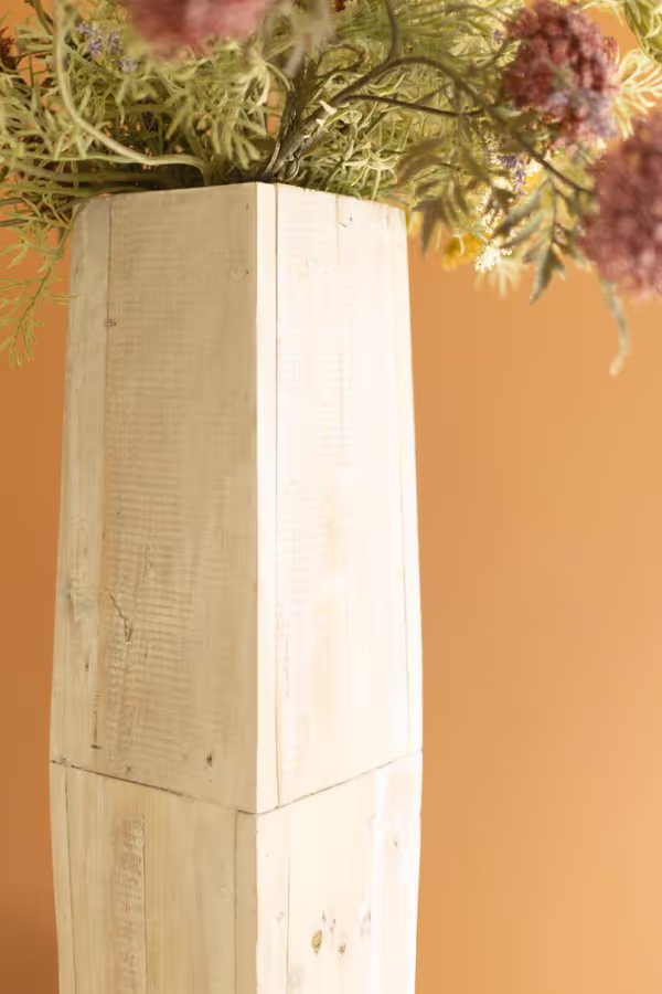 Set of 2 White-Washed Tall Oblong Wooden Vases