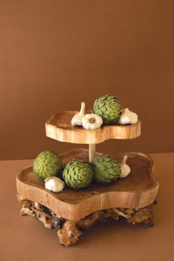 Two-Tiered Mulberry Root and Willow Wood Serving Tower