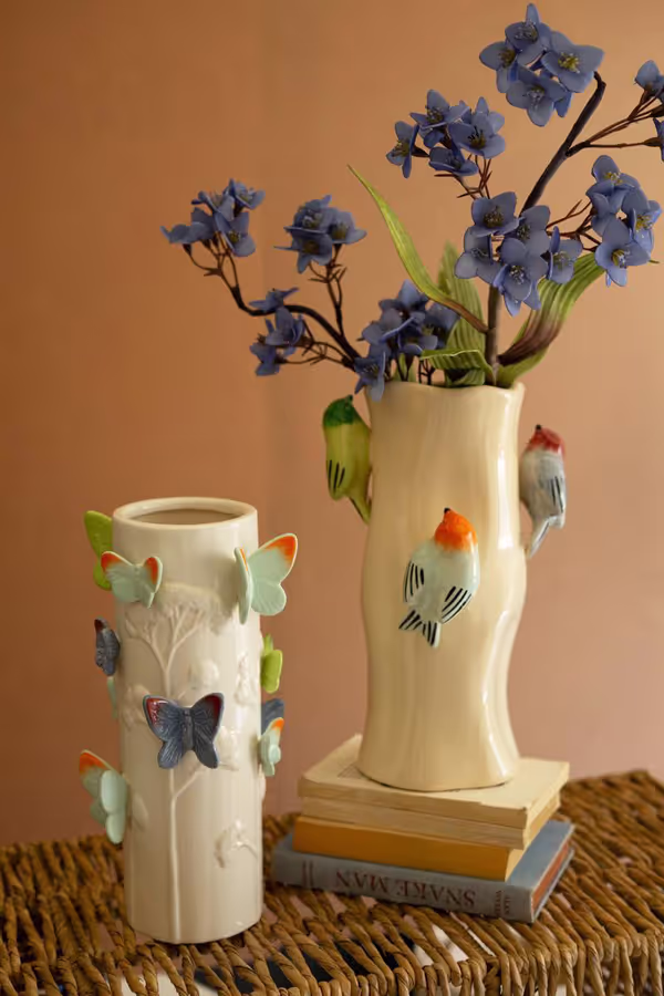 Ceramic Log Vase with Colorful Birds