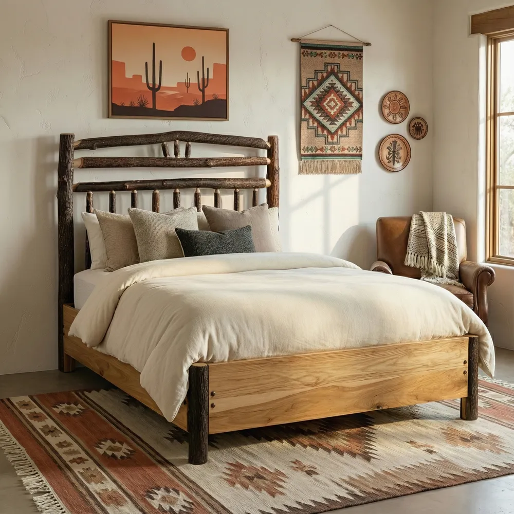 Hickory Log Wagon Wheel Bed with Rail System - Cal King - Slate