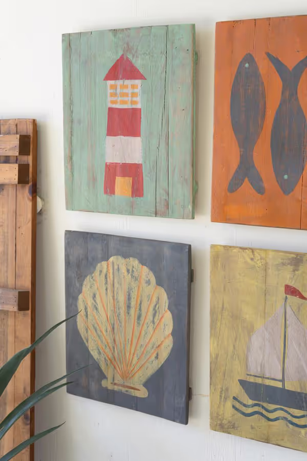 Set of 4 Painted Wood Coastal Wall Art