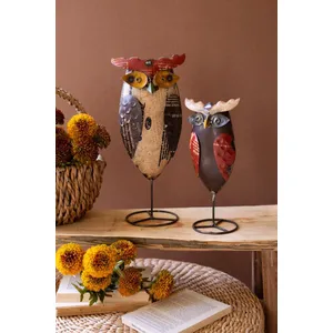 Set of 2 Recycled Iron Owls on Stands 1