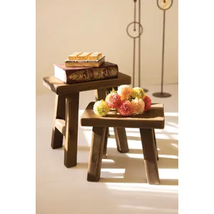Set of 2 Dark Brown Rectangle Wood Stools 1