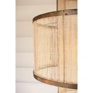 Round Double Layered Woven Fiber and Metal Pendant Light 3