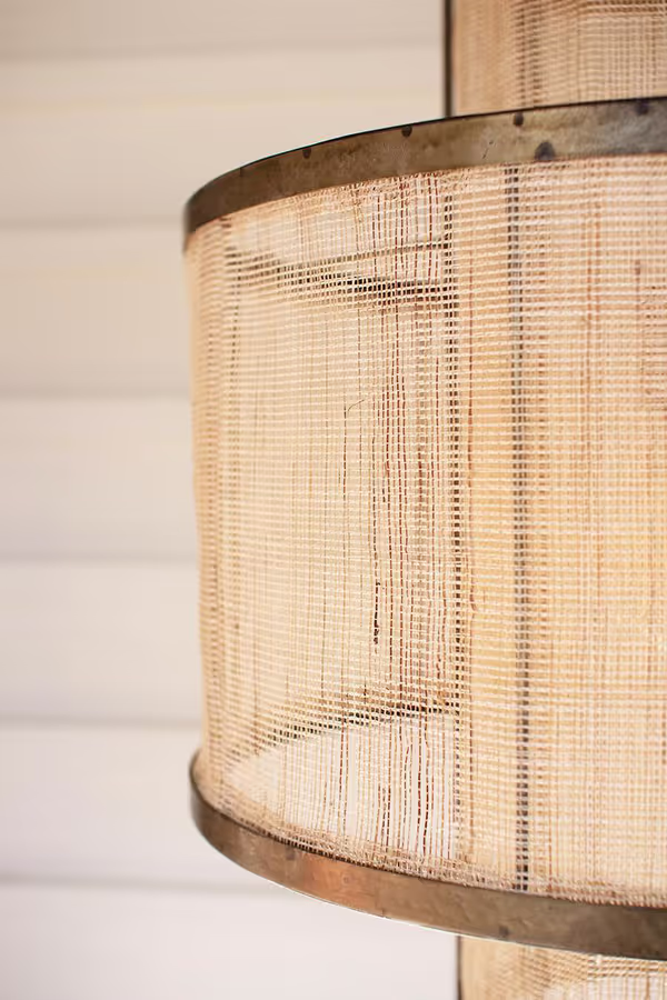 Round Double Layered Woven Fiber and Metal Pendant Light