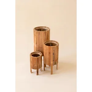 Set of 3 Round Recycled Slatted Wood Planters 3