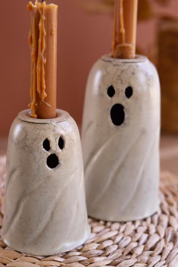 Set of 2 Metal Ghost Taper Candle Holders