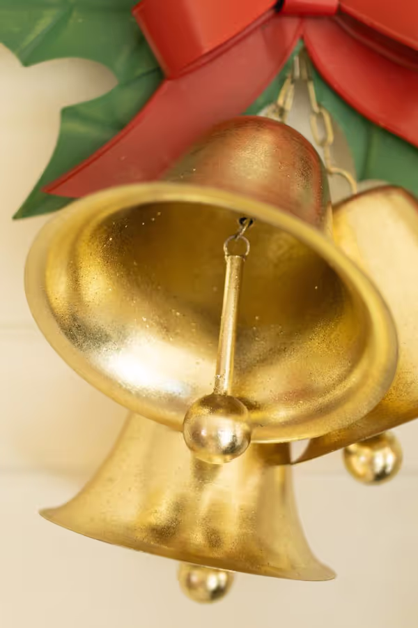 Painted Metal Christmas Bells and Holly Door Hanger