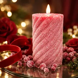 Red Swirl Frosted Moving Flame LED Candle 3x6in 1