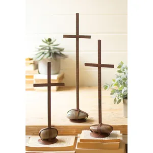 Set of 3 Scrap Metal Crosses with Caged Rock Bases 2