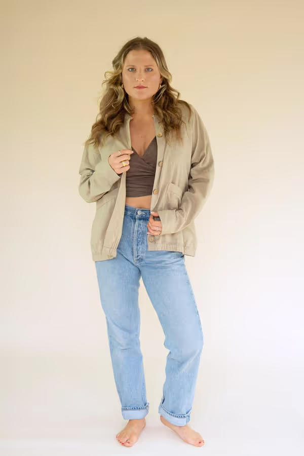 Lightweight Button-Front Bomber Jacket with Front Pockets / Oatmeal