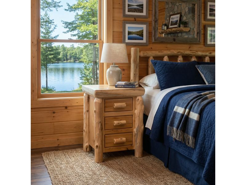 Cedar Log Three Drawer Nightstand - Vintage 1