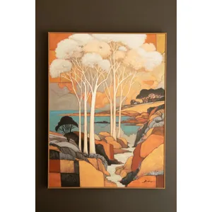 Framed Landscape with White Trees Painting 6