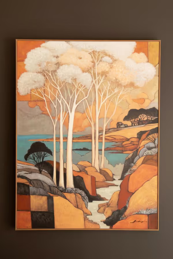 Framed Landscape with White Trees Painting