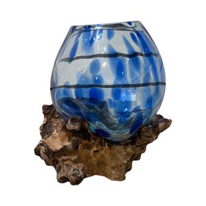 9-1/2" BLUE DOT GLASS BOWL ON DRIFTWOOD 1