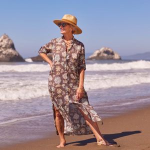 Island Grey Palm Cotton Long Shirt Dress 4