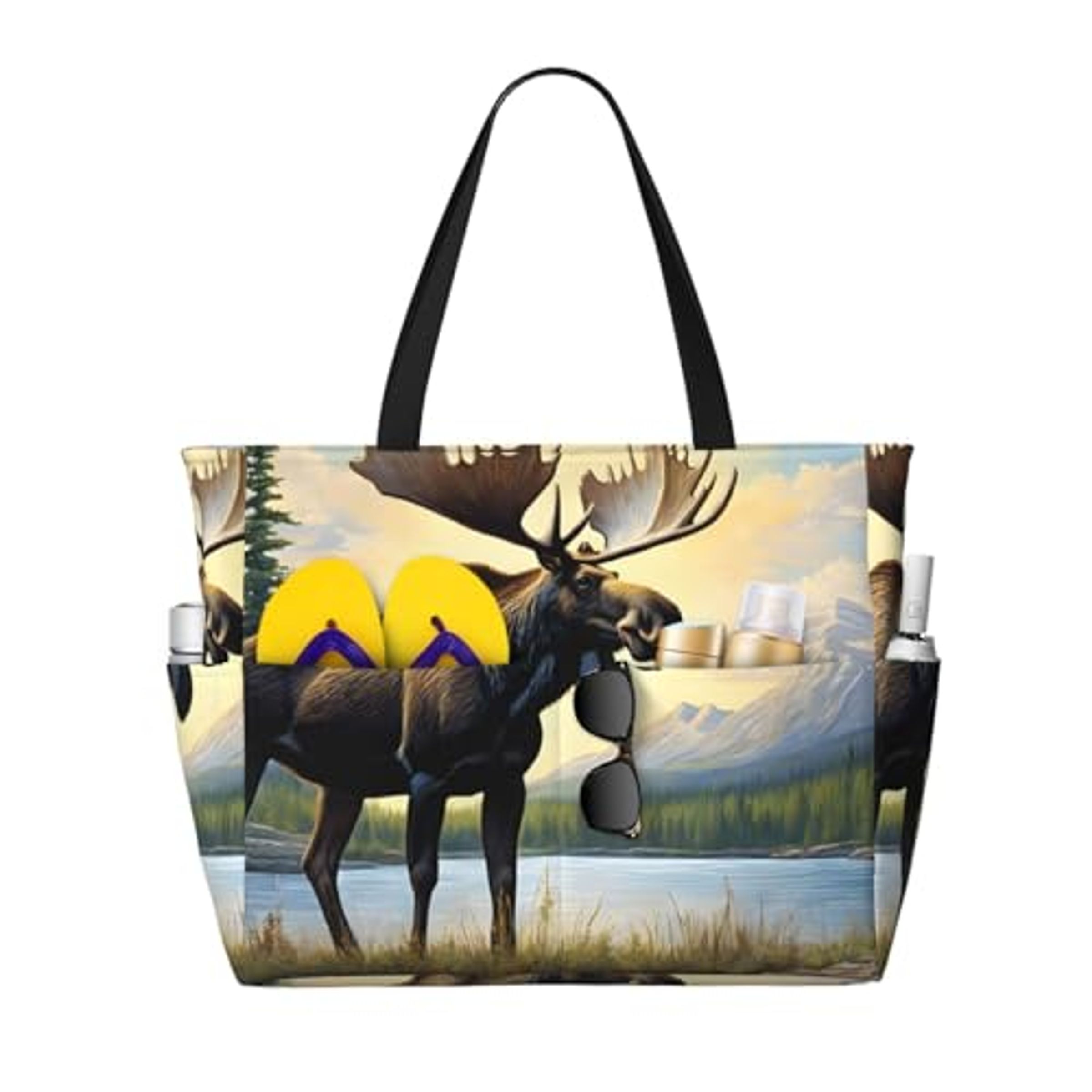 LARGE TOTE W WOVEN HANDLE - WATERCOLOR MOOSE