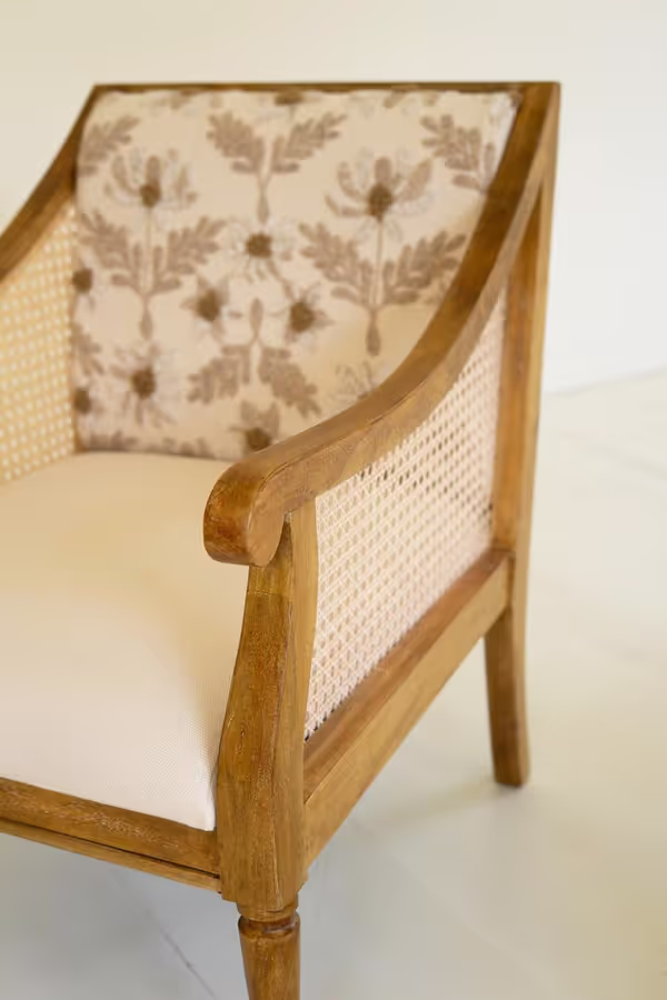 Mango Wood and Cane Arm Chair with Embroidery Back
