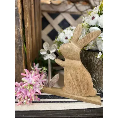 Natural Wooden Bunny with a Metal Flower 11x9in