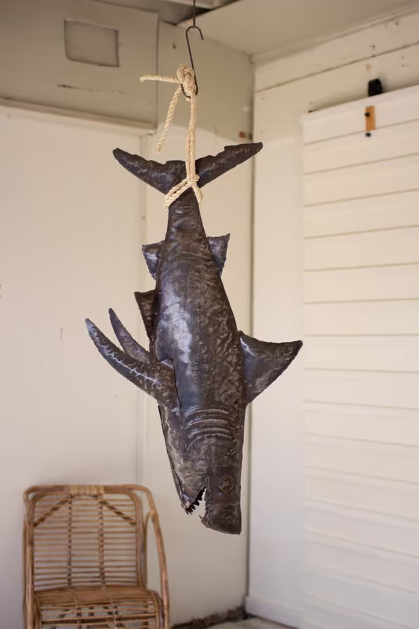 Recycled Hand-Hammered Metal 3 Dimensional Shark with Sisal Rope