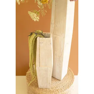 Set of 2 White-Washed Tall Oblong Wooden Vases 6