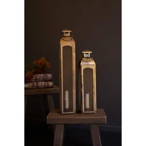 Set of 2 Antique Brass Taper Candle Lanterns with Wire Screen 1