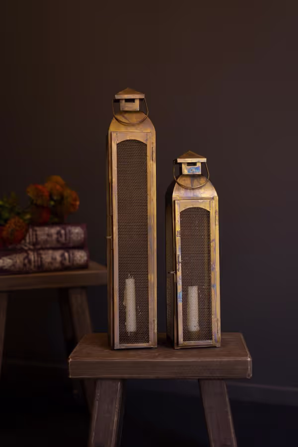 Set of 2 Antique Brass Taper Candle Lanterns with Wire Screen