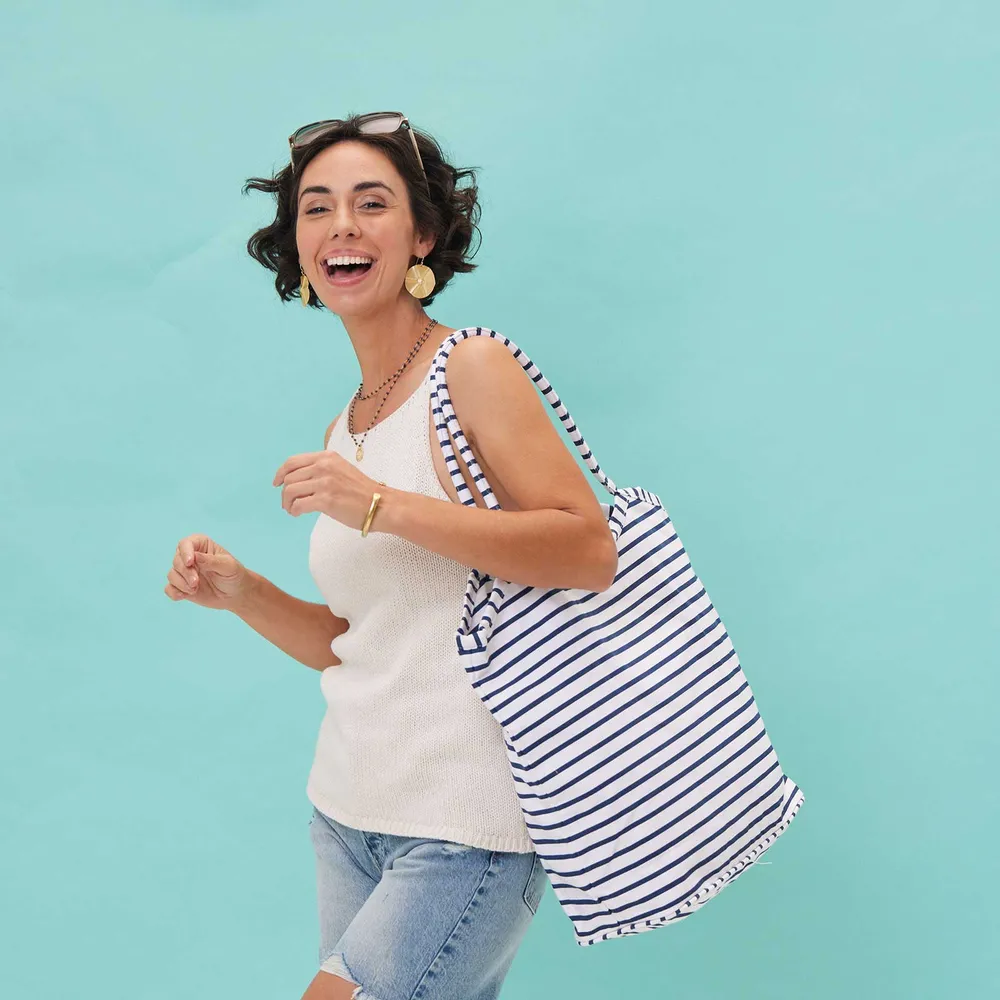 Bateau Stripe Navy Canvas Bucket Bag