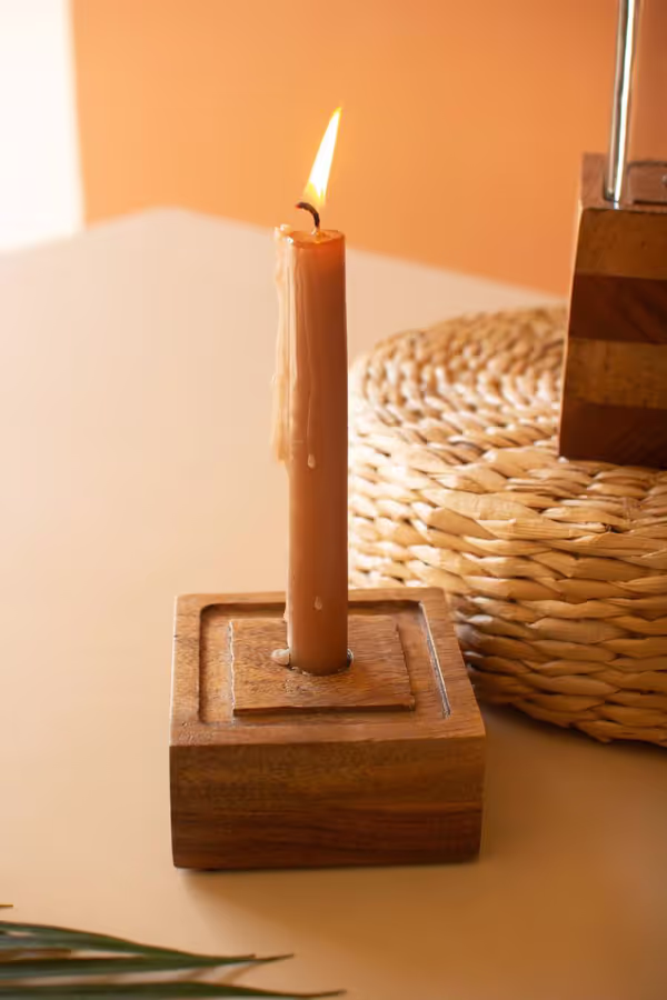 Set of 2 Square Glass and Wood Taper Candle Holders