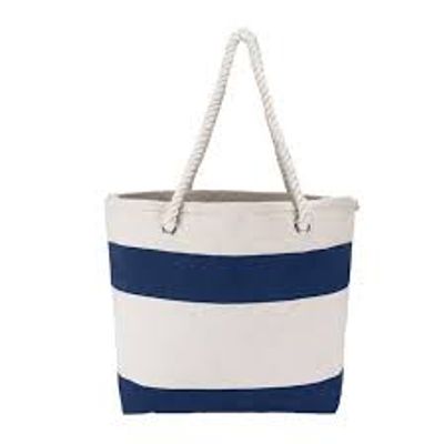 WHITE TOTE W ROPE HANDLE & JUTE - NAVY