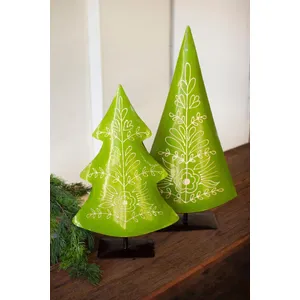 Set of 2 Painted Recycled Metal Folk Christmas Trees 1