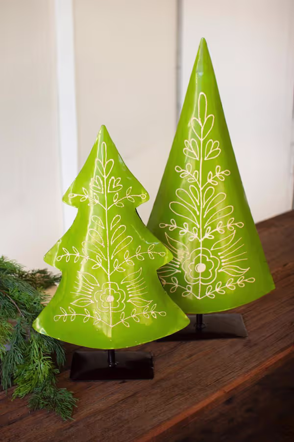 Set of 2 Painted Recycled Metal Folk Christmas Trees
