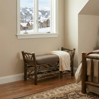 Hickory Log Bedside Bench with Twig Accent - Upholstered Seat - Customer Material