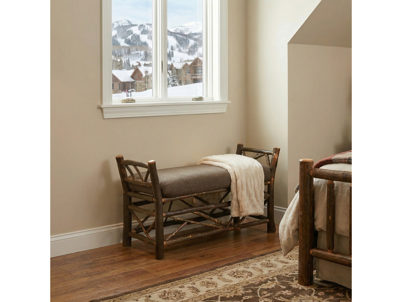 Hickory Log Bedside Bench with Twig Accent - Upholstered Seat - Customer Material 1