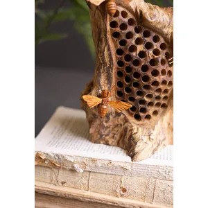 Repurposed Tabletop Wood Sculpture with Hand-Carved Bees 2