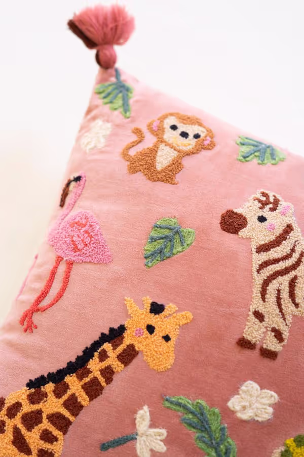 Embroidered Velvet Pillow with Animals