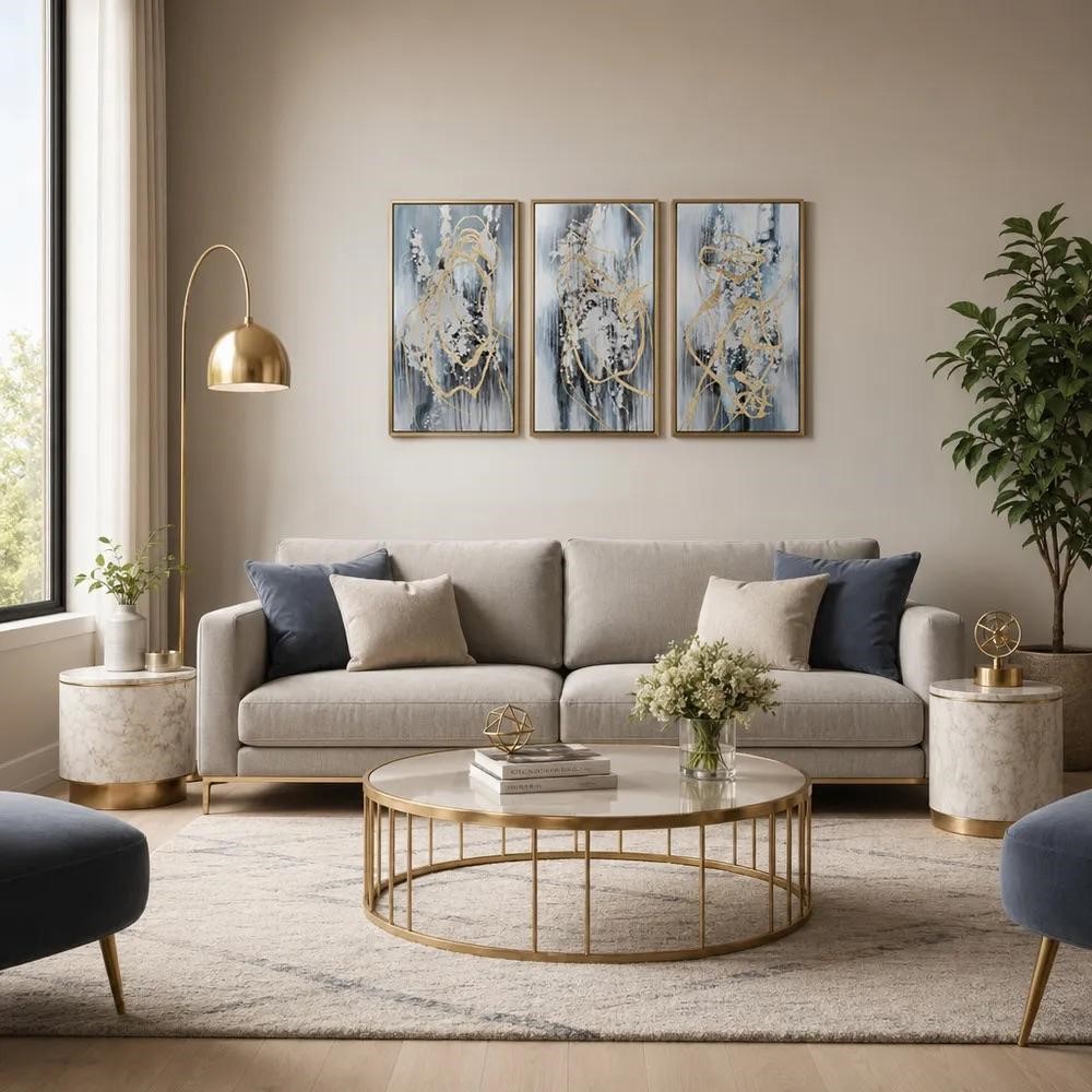 Set of three blue and gold framed art panels hung as a triptych above a beige sofa