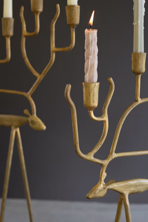 Set of 2 Antique Gold Forged Iron Christmas Deer Candelabras